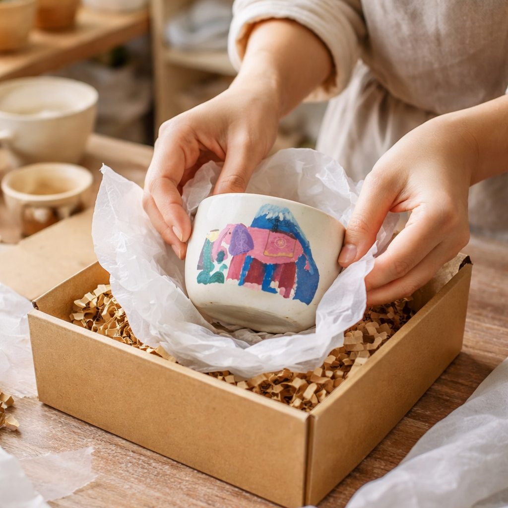 Person holding a ceramic mug with a colorful design in a box on a wooden surface.