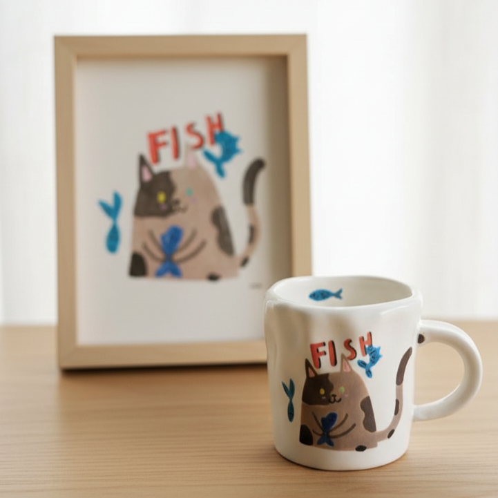 Mug with cat and fish design next to a framed picture of a cat with fish on a wooden surface.