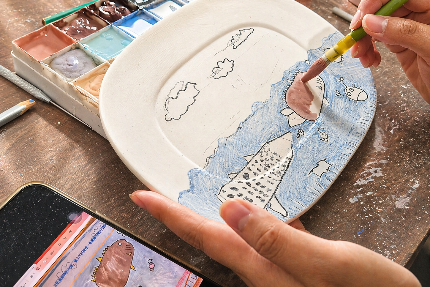 Person painting a ceramic plate with a fish design, using a paintbrush and watercolor palette.