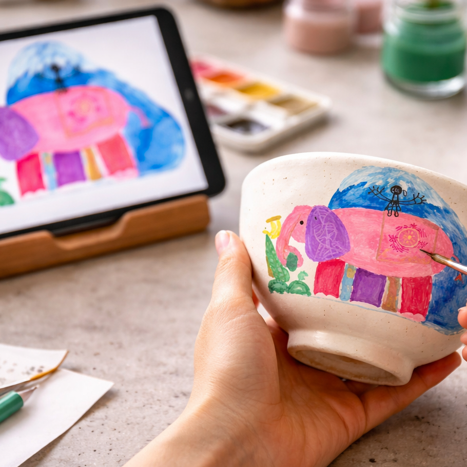 Person painting a colorful elephant design on a ceramic bowl with a tablet displaying an elephant illustration in the background.