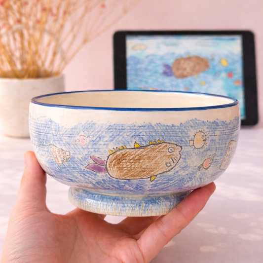 Hand holding a ceramic bowl with fish design against a light background