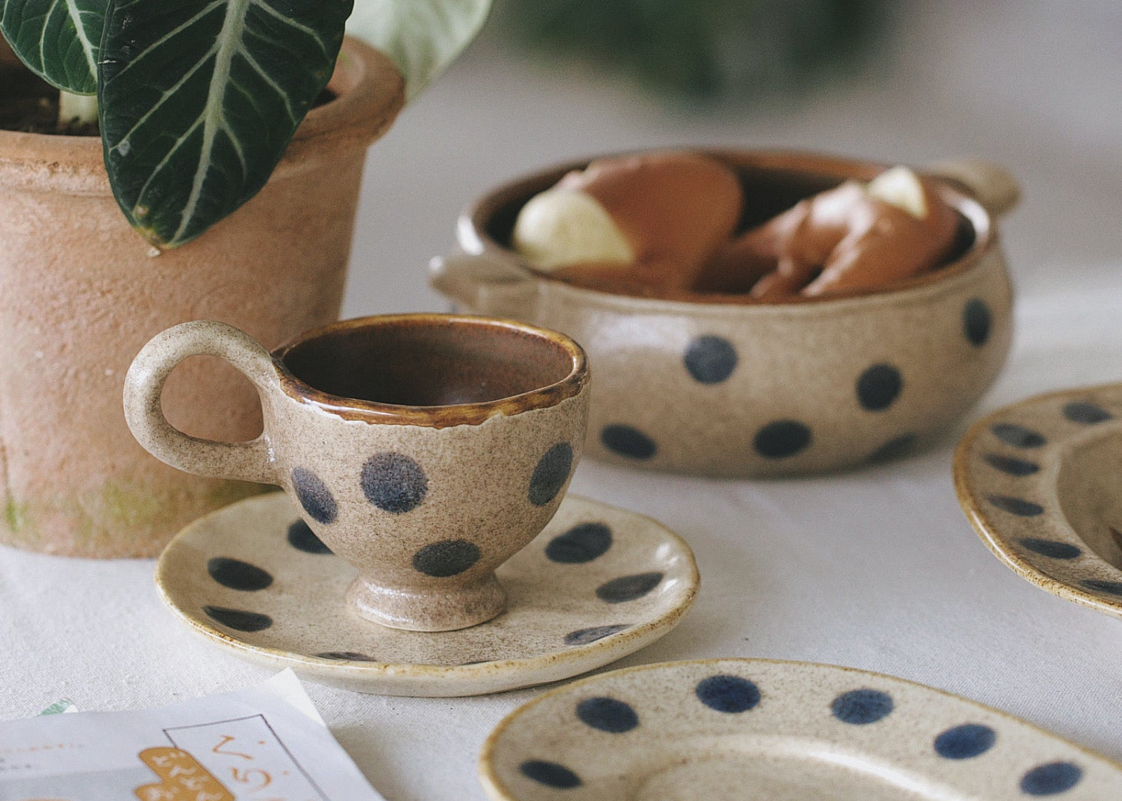 Ceramic dishes with polka dot patterns on a table with a plant in the background