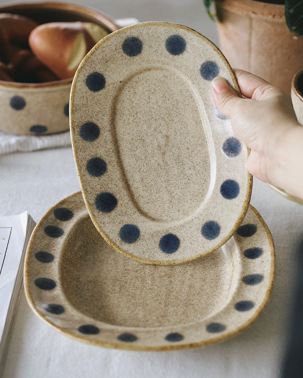 Hand holding a ceramic plate with blue polka dots on a light surface with a plant in the background.