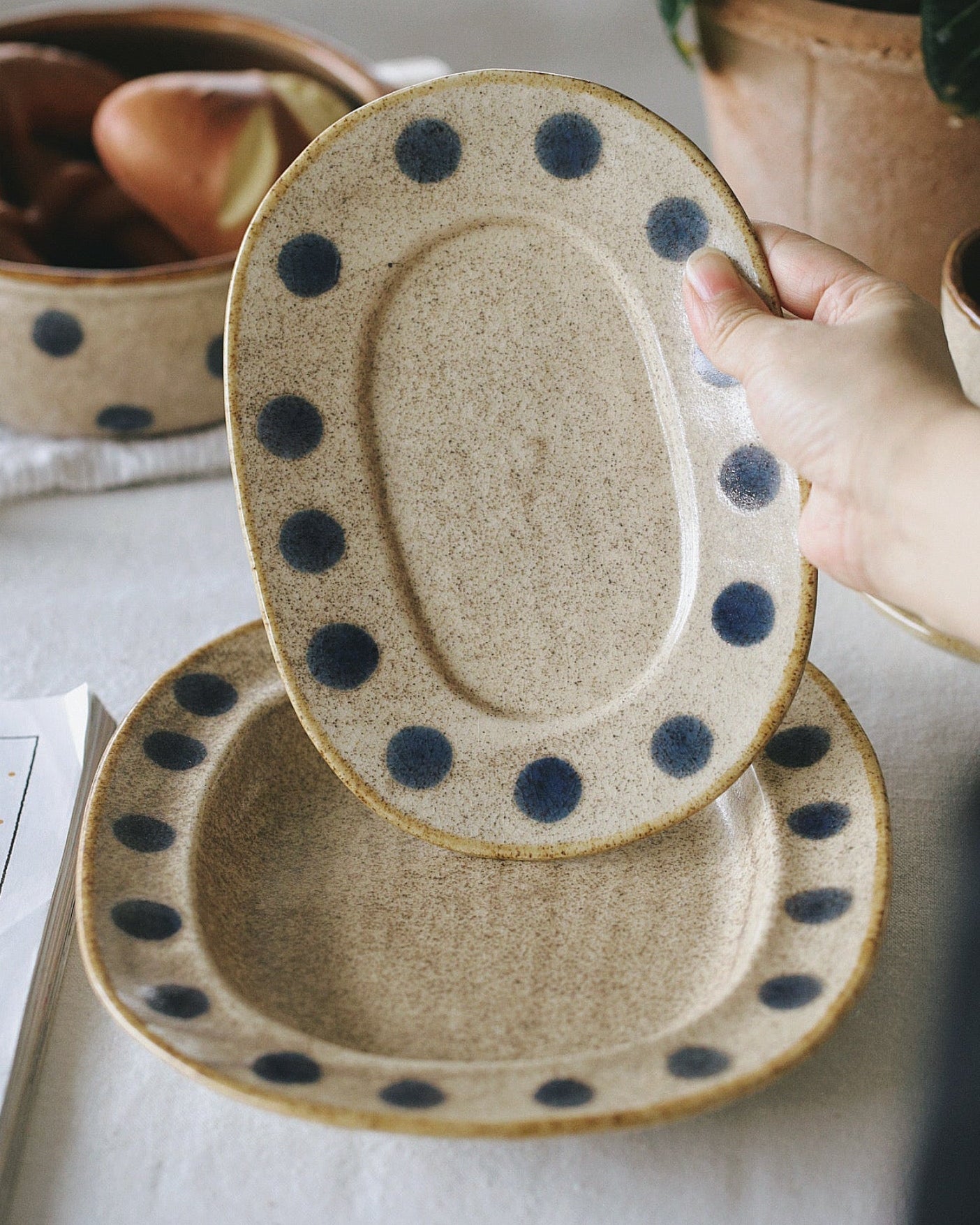 Hand holding a ceramic plate with blue polka dots on a light surface with a plant in the background.