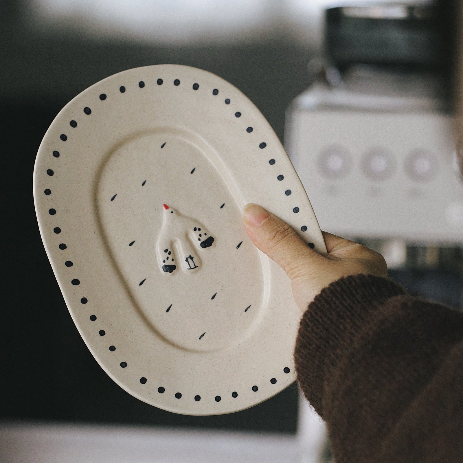 Person holding a round white plate with black dots, featuring small earrings on a blurred indoor background.