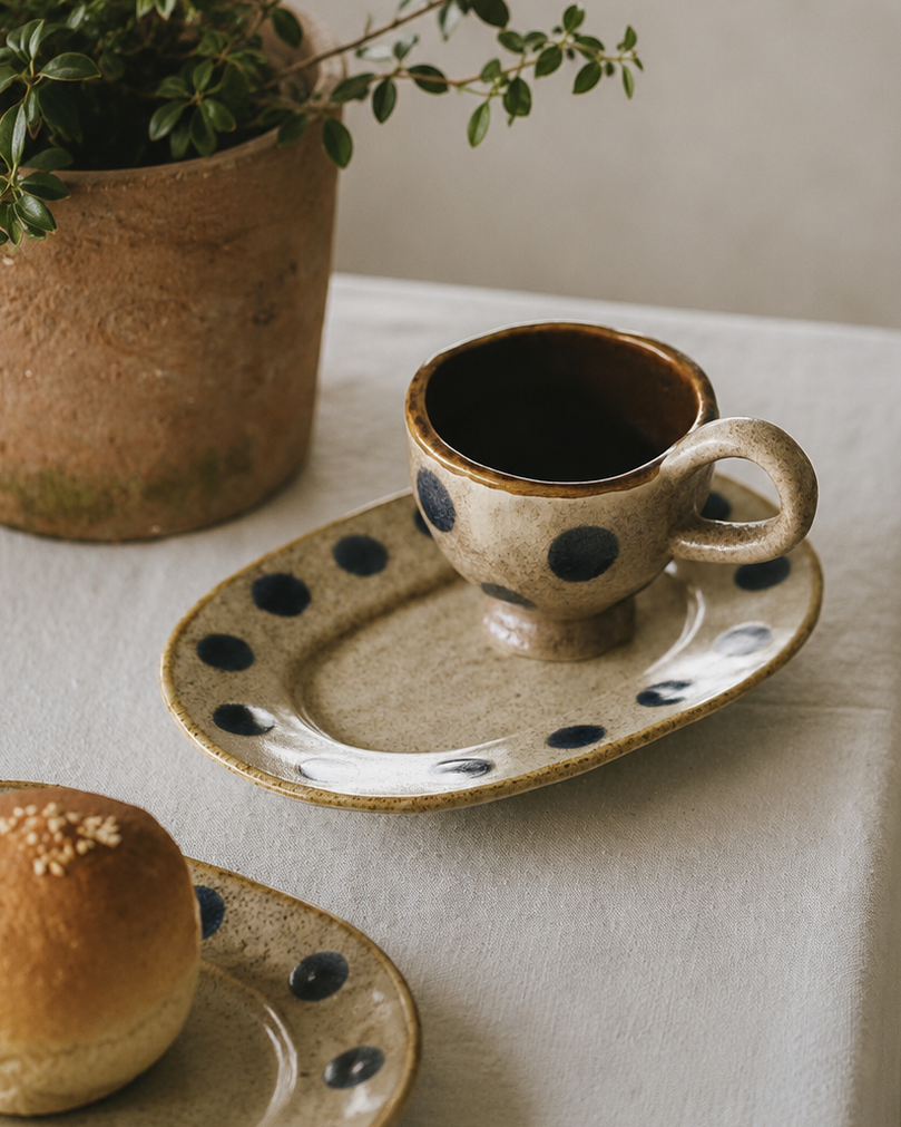 Ceramic cup with polka dots on a matching saucer, accompanied by a bun and plant on a light surface.