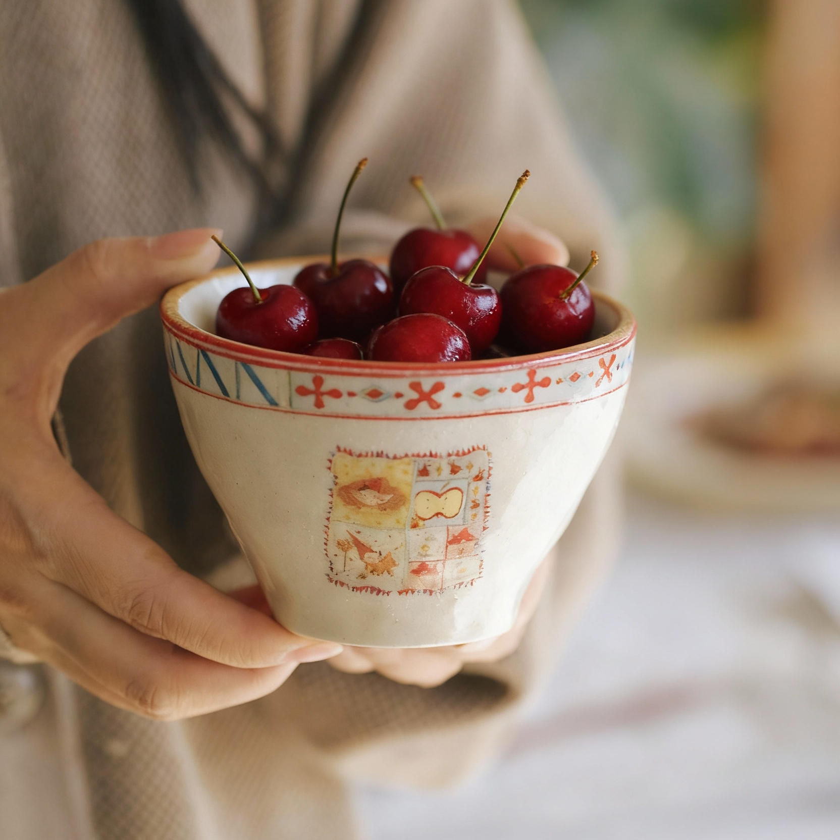 Person holding a bowl of cherries with a blurred background