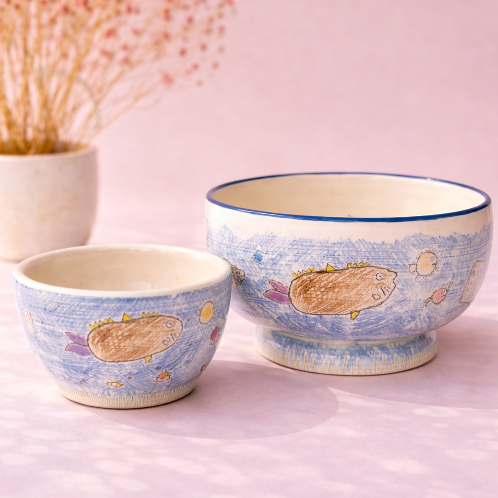 Two ceramic bowls with shell designs on a pink surface