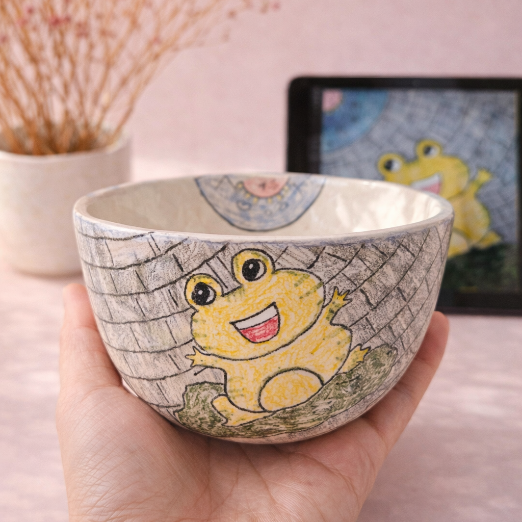 Hand holding a ceramic bowl with a frog design against a soft pink background