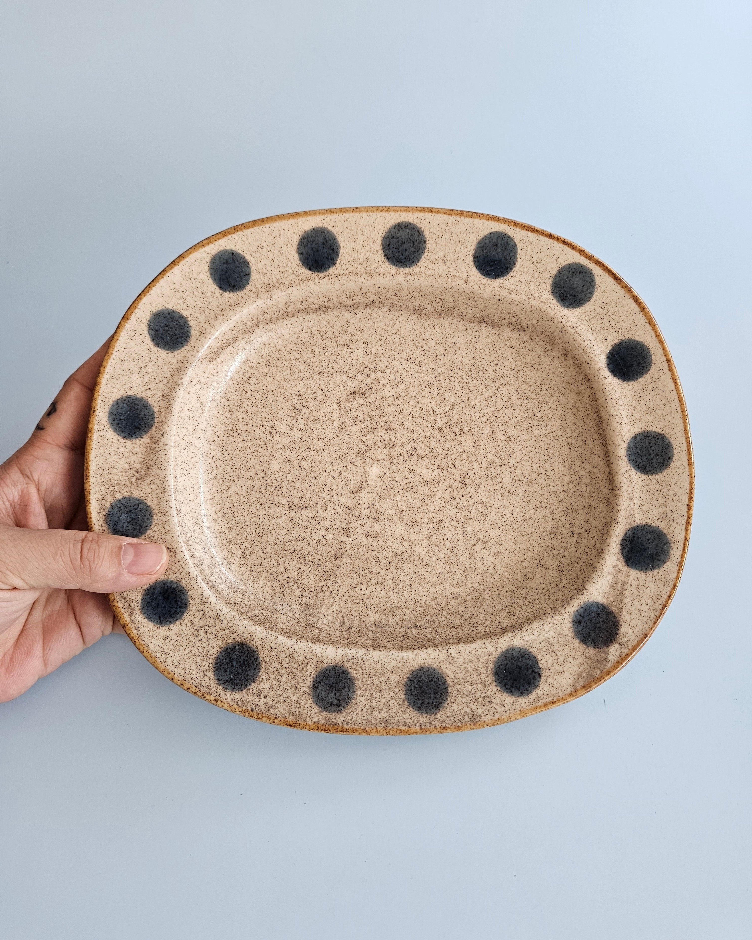 Ceramic plate with black dots held against a light blue background