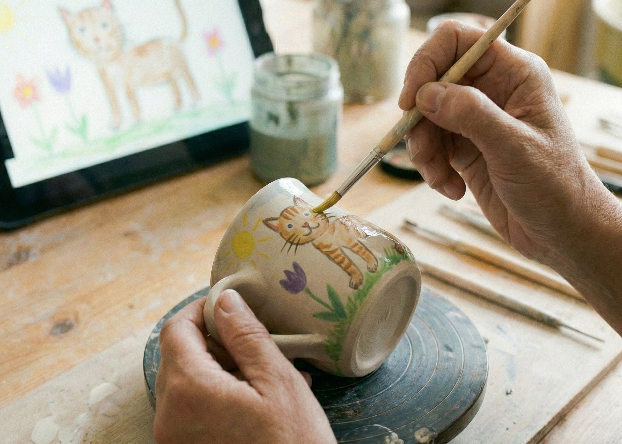 Person painting a mug with a cat design on a wooden table, using a laptop for reference.